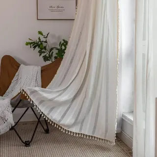 Nyescasa Boho Vorhänge Landhausstil Baumwolle Leinen Quaste Gardinen Weiß Vintage Bestickte Vorhänge mit Ösen Lichtdurchlässig Vorhänge für Wohnzimmer Schlafzimmer Dekoschal 2 Stück 120x140cm(H×B)