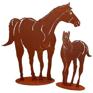 Dekofigur im Rost Design Pferd mit Fohlen, 2er Set - Rostfigur für den Garten, Geschenk für Reiter