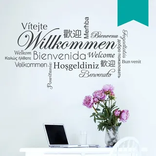 WANDKINGS Wandtattoo - Willkommen in verschiedenen Sprachen - 50 x 27 cm - Türkis - Wähle aus 5 Größen & 35 Farben