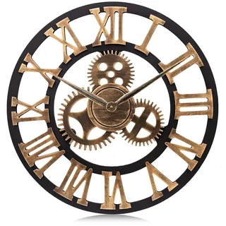 Lafocuse Holz Wanduhr Groß Industrial Gold, Lautlos Wanduhr Vintage 60cm XXL, Zahnrad Römische Ziffern Steampunk Gross für Wohnzimmer Küche