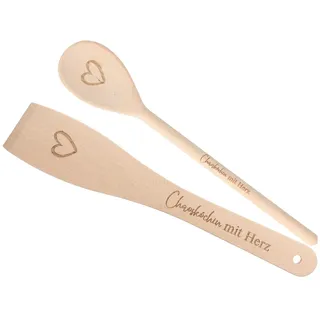 Spruchreif | 2 teiliges Set: Kochlöffel und Pfannenwender mit Gravur „Chaosköchin mit Herz“ | Holzkochlöffel | Pfannenwender Holz | Küchenhelfer | Geschenk Mama Oma | Geschenk Frauen | Köchin