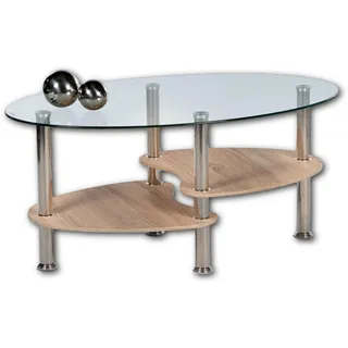 Stella Trading PANTY Couchtisch Glas oval mit zwei Ablagen in Eiche Sonoma Optik - geräumiger Glastisch für Ihren Wohnbereich - 90 x 42 x 55 cm (B/H/T)