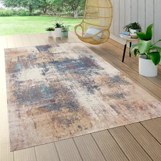Paco Home Outdoor Teppich Wetterfest Wohnzimmer Balkon Küchenteppich Moderne Deko Vintage Muster Abstraktes Design Beige Blau, Grösse:160 cm Rund