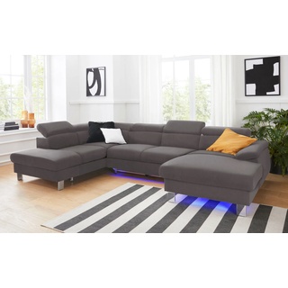 Polstergarnitur COTTA "Komaris" Sitzmöbel-Sets Gr. Kunstleder SOFTLUX, ohne Bettfunktion-ohne Bettkasten-mit RGB-LED-Beleuchtung-mit Kopfteilverstellung + Ottomane links, grau (elephant) Couchgarnituren Sets Set: bestehend aus Wohnlandschaft und Hocker, Kopfteilverstellung