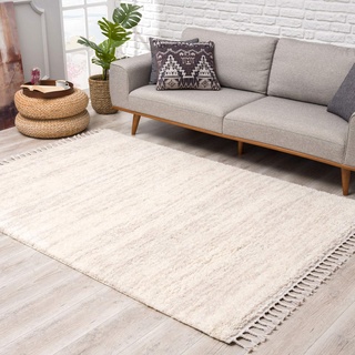 Teppich Hochflor Wohnzimmer - Ethno Stil Meliert 100x300 cm Creme - Teppiche mit Fransen