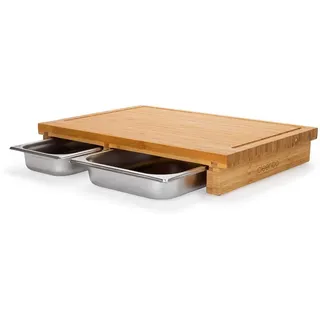 cleenbo Schneidebrett mit zwei Auffangschalen - Küchenbrett aus Bambus - 55 x 38 x 8,3cm, Bambus braun