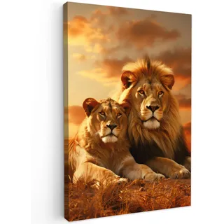 OnlyWow© Outdoor Wandbild 60x90 cm Leinwand Für Draußen Gartendeko Terrasse Leinwandbilder Balkon Wandgemälde Deko Wetterfest Wall Art Löwen - Sonnenuntergang - Afrika - Savanne - Tiere