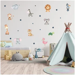 Wandsticker personalisiert Sticker Aquarell Tiere mit Name Wandtattoo für Kinderzimmer Babyzimmer Spielzimmer Mädchen Junge Y037 (Nr. 3 Tiere, Ohne Wunschname)