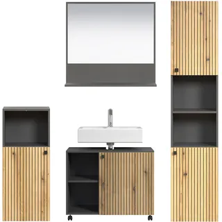 trendteam smart living - PureBliss - Badezimmer Komplettset (WBU + Spiegel 60cm + Standschrank + Hochschrank) - Anthrazit/Evoke Eiche - Rillenoptik - Aufbaumaß (BxHxT) 180 x 190 x 40cm - Metallgriffe