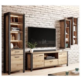Lomadox Wohnwand »ACCRA-83«, (4-St., 4-tlg), im Industrial Stil in Taurus Eiche Nb. mit Beleuchtung, B/H/T: ca. 250/200/41 cm braun