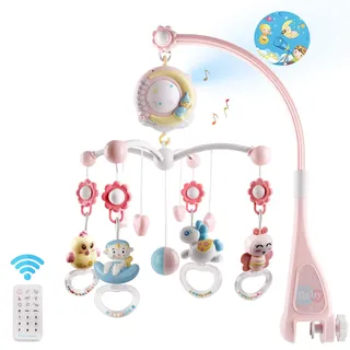Mini Tudou Baby Mobile für Babybett mit 150 Musikstücken & Projektor Rosa | Timer, Nachtlicht, Rassel und Spieluhr zum Mitnehmen, Fernbedienung, mobiles Kinderbett für Neugeborene