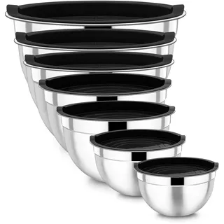 Homikit Rührschüssel Set, Edelstahl Schüssel 7er set, Salatschüssel mit Luftdichtem Deckel zum Kochen/Backen/Servieren, Stapelbar & Spülmaschinenfest, 6,5/4,5/2,7/2,5/1,5/1,2/0.7L, Schwarz