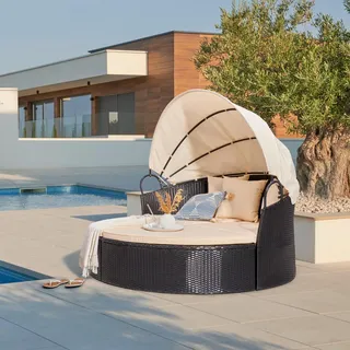 Ambia Garden Sonneninsel, Schwarz, Beige, Metall, Kunststoff, Textil, 4-teilig, Füllung: Komfortschaum, 180x80x81 cm, verstellbares Dach, Loungemöbel, Sonneninseln