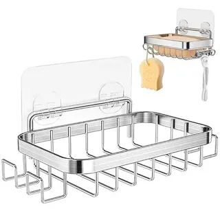Rairsky 304 Edelstahl Seifenhalter Seifenablage Ohne Bohren mit 4 Haken | Seifenschale Dusche Wandmontage,Bohrfreie Seifenhalter Edelstahl Selbstklebend Seifenschalen Seifenspender Wandbefestigung