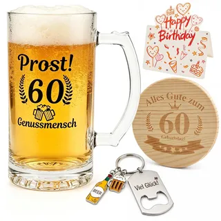Bierglas mit Gravur 60 Geburtstag Bierglas Personalisiert Geschenk | Bierkrug zum 60 Geburtstag 0,5 L Bierseidel Geschenk für Männer Frauen mit Flaschenöffner Schlüsselanhänger Untersetzer Karte