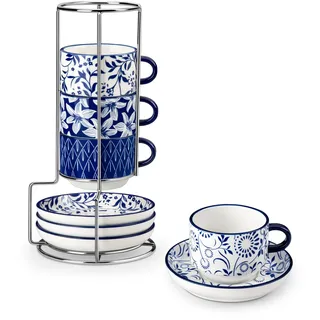 vancasso SELENE Espressotassen 4er Set, 150 ml Espresso Tassen Set mit Untertasse & Ständer, Stapelbar Dickwandig Kaffeetassen aus Porzellan für Cappuccino, Latte und Tee, Vintage blau-weiß