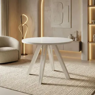 Runder Esstisch Ausziehbar 100–180 cm mit Weißen Holzbeinen aus Buchenholz – Moderner Ausziehtisch für Esszimmer, Küche und Wohnzimmer – T... - Weiß