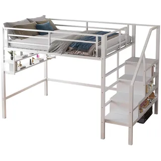 SOFTWEARY Hochbett mit Lattenrost, Regal und Treppe, Kinderbett mit Rausfallschutz, Jugendbett, Metallbett (weiß, 140x200 cm)