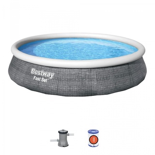 Bestway Fast Set runder aufblasbarer Pool mit Filterpumpe, graue Rattanoptik, 396 x 84 cm
