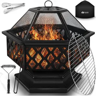tillvex tillvex® Feuerschale mit Funkenschutz, Grillrost & Abdeckung für Outdoor | Feuerstelle mit Grillfunktion Garten, Terrasse, Camping, Grill