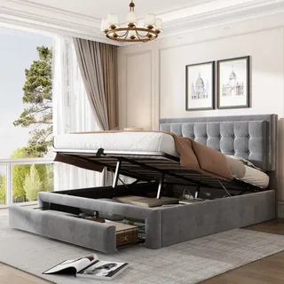 Sweiko Bett mit Kasten und Schubladen, Samtstoff, Polsterbett, Lattenrost, Doppelbett, großer Stauraum, 140 x 200 cm, Grau - Grau
