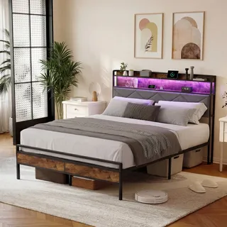 Bett 140x200 Cm - Doppelbett 140x200 – Industrial-stil – Bettrahmen Mit Rgb-leds, Usb-typ-c-anschlüssen Und Stauraum – Dunkles Holz