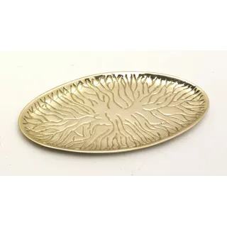 Kerzenteller, Dekoteller in ovaler Form Messing Gold poliert im Baum-Design 18x9cm Ellipsenkerzen