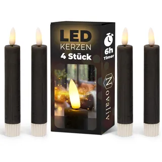 Novaliv Stabkerzen LED mit Timer SCHWARZ 4 Stück Indoor 6 Stunden - ECHTWACHS 15cm Höhe für Kerzen 2,2cm Durchmesser 2 AAA Batterien notwendig LED Stabkerzen flackernde Flamme bewegliche Flamme Licht