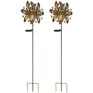 GLOBO LIGHTING LED Solarleuchte 2er Set Gartenstecker Windrad Höhe 124cm, LED fest integriert, warmweiß, außergewöhnliche Solar Garten-leuchten mit Erdspieß & Windspiel braun