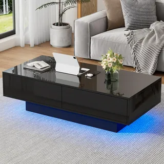 Merax Couchtisch Schwarz Hochglanz, Wohnzimmertisch mit LED Beleuchtung, Kaffeetisch mit 2 Schubladen, Moderner Sofatisch Beistelltisch Teetisch, Eleganter Mitteltisch Rechteckiger, für Wohnzimmer