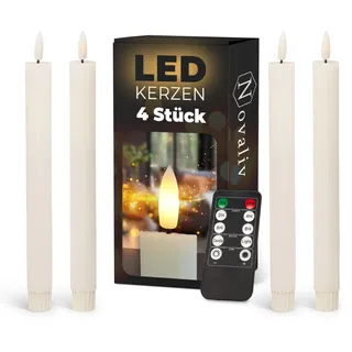 Novaliv Stabkerzen LED mit Timer Weiss 4 Stück Weiss Indoor - 6 Stunden - ECHTWACHS gerippt 23cm Höhe für Kerzen 2,2cm Durchmesser 2 AAA Batterien LED Stabkerzen flackernde Flamme bewegliche Flamme