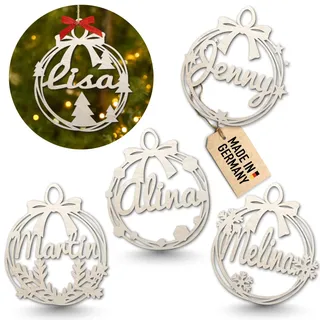 Urhome Weihnachtskugel Holz Ornament mit Wunschtext personalisiert - 6 Verschiedene Christbaumschmuck Motive - Weihnachtsbaum Name Gravur Anhänger für Familie Partner Freunde zu Weihnachten
