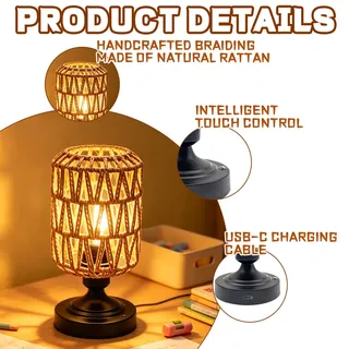 Nachttischlampe Rattan 23cm Dimmbar Kabellos Vintage Tischleuchte USB-C LED