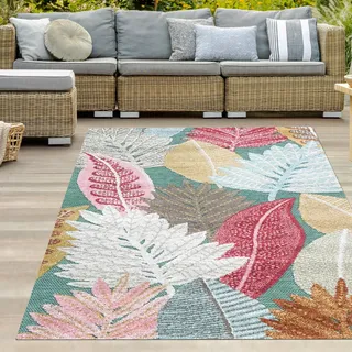 Teppich-Traum In-und Outdoor Teppich Garten Balkon wetterbeständig pflegeleicht Outdoor Hoch Tief Blättermuster modern türkis bunt 160 x 230 cm