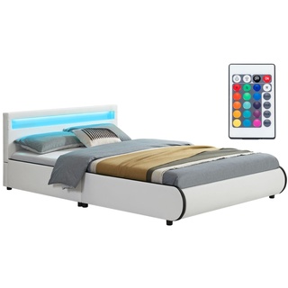 Juskys Polsterbett Sevilla 140x200 cm – Bett mit LED Beleuchtung & Lattenrost – Jugendbett weiß