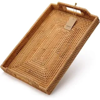 Rechteckiges, Handgeflochtenes Serviertablett Aus Rattan Mit Griffen Für Frühstück, Getränke, Snacks Oder Als Couchtisch