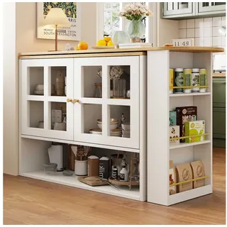 BBWL Sideboard 360° drehbare Essbar aus MDF mit Glasfronten, 5 Ablagen & Sideboard (Snackregal, verstellbare Trennwände, modernes Möbelstück für Wohnzimmer, Esszimmer & Schlafzimmer) weiß