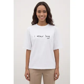 T-Shirt BOSS ORANGE "Eregular Premium Damenmode", Damen, Gr. L, weiß (weiß 100), Single Jersey, Obermaterial: 100% Baumwolle, unifarben, relaxed fit hüftbedeckend, Rundhals, abgesteppte Kante, Shirts T-Shirt, mit Statement-Schriftzug, Relaxed Fit