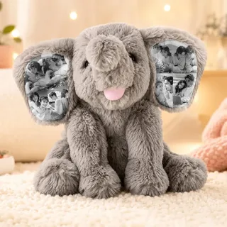 Personalisierter Elefant Kuscheltier mit 8 Fotos, Ultraweiches Langhaar Plüschtier, Stofftier Geschenk für Mädchen, Romantische Foto Geschenke für Ihn/Sie Jahrestag Hochzeit, Geburtstagsgeschenk 22CM