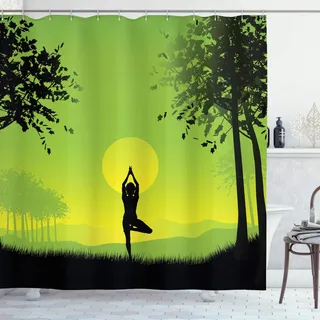 ABAKUHAUS Natur Duschvorhang, Sonnenuntergang Himmel im Wald, Stoffliches Gewebe Badezimmerdekorationsset mit Haken, 175 x 200 cm, Schwarz Grün Gelb