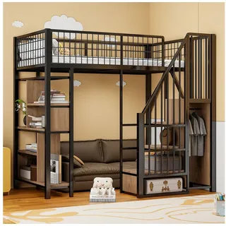 Merax Hochbett (Jugendbett Etagenbett Einzelbett, 1-St) Metallbett Kinderbett 90x200cm mit Stauraumtreppe,Ablageflächen & Zaun schwarz