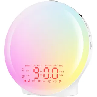Suright Bluetooth Lichtwecker,Tageslichtwecker, Wake Up Light mit Sonnenaufgang Sonnenuntergang Simulation,17 Farblicht,22 Schlafgeräusche,Snooze,zwei Alarme,UKW-Radio, für schwere Schläfer&Kinder