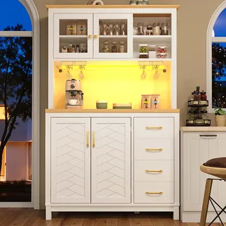 Buffetschrank Landhaus Weiß 105,5x40x180 Cm, 4 Türen, Verstellbare Ablagen, Led Rgb, Flaschenregal Linhoo