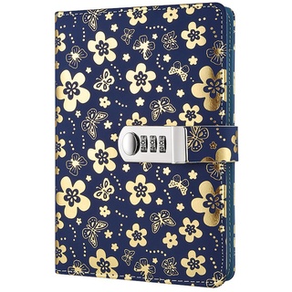 Leder Tagebuch Journal Vintage Notizblöcke,Passwort Tagebuch Notizblock, Secret Tagebuch Notizbuch mit Kombinationsschloss TPN102 Golden flowers