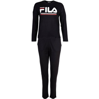 Fila Damen Pyjama Set lang - Schlafanzug, Rundhals, Jersey, Logo Schwarz L