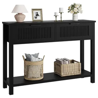 Garvee Landhaus-Konsolentisch, 109 cm (43 Zoll) Holz, 2 Schubladen, 2-Stufiger Sofatisch mit Stauraum für Wohnzimmer, Eingangsbereich-Tische – Schwarz