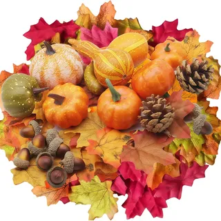 120 Stück Herbst Deko Set,Künstlicher Kürbis Deko Gefälscht Schaum Herbstdekorationen,Kiefer,Kürbis,Ahornblätter,Eichen Künstlicher für Zuhause Thanksgiving Dekoration,Halloween,Partydekoration