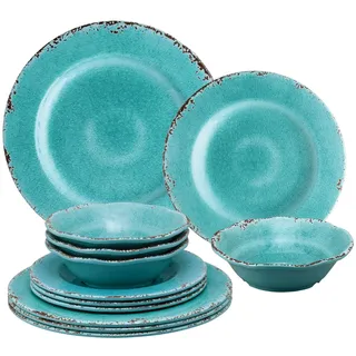 UP ware 12-teiliges Crackle Melamin-Geschirr-Set, Outdoor-Geschirr-Set, Teller und Schüsseln, Service für 4 Personen, Türkis