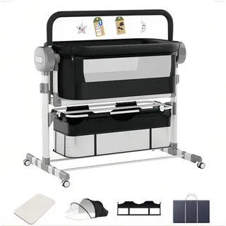 Aveainelle Babybett und Multifunktionales Kinderbett, Parallelschwingung, Faltbare und Umwandelbare Babywiege, Verstellbare Beistellbett, Co-Sleeping Babybett und Rollen (608 Schwarz)