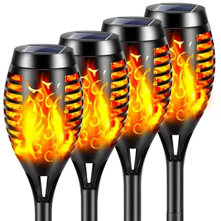 YAZEKY Solarlampen für Außen Garten,12 LED Solarleuchten Fackel - 4 Stück | Solarfackeln mit Realistischer Flammeneffekt, IP65 Wasserdichte Solar Gartenfackeln für Hinterhöfe Gartenweg Hof und Terrasse